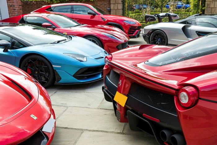 Graham Royle’s cars: three Ferraris, two Lamborghinis, the McLaren Senna hypercar and a Range Rover