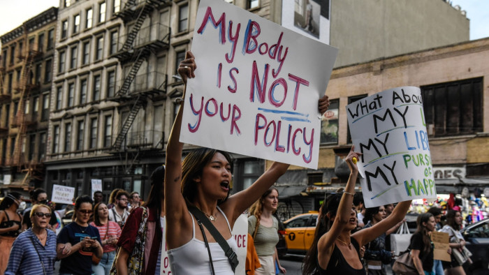 Abortion rights demonstrators march during a protest in New York