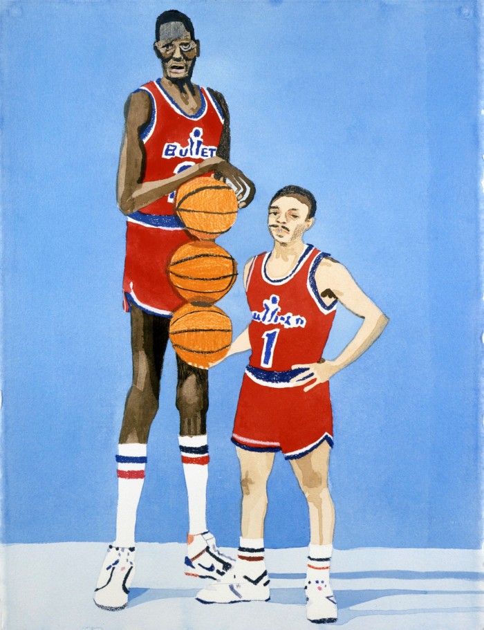 Painting where a very tall basketball player looms over a shorter one while carrying three basketballs