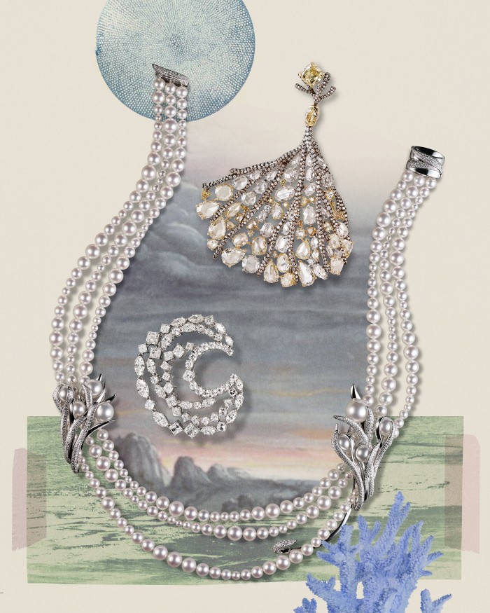 Tasaki platinum, Akoya and South Sea pearl and diamond Ritz Paris Eveil necklace. Harry Winston platinum and diamond Secret Combination hoop earring (sold as pair). Cindy Chao yellow- and white-gold and fancy diamond The Art Jewel Aquatic Collection Coral earring (sold as pair)