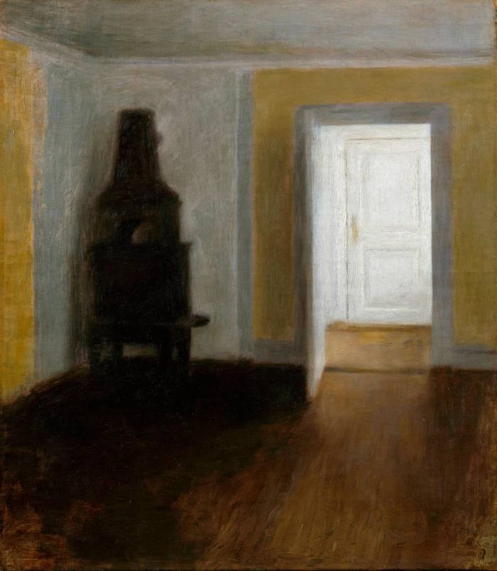 Painting of a dark empty room with yellow walls. The door is open on to another white door