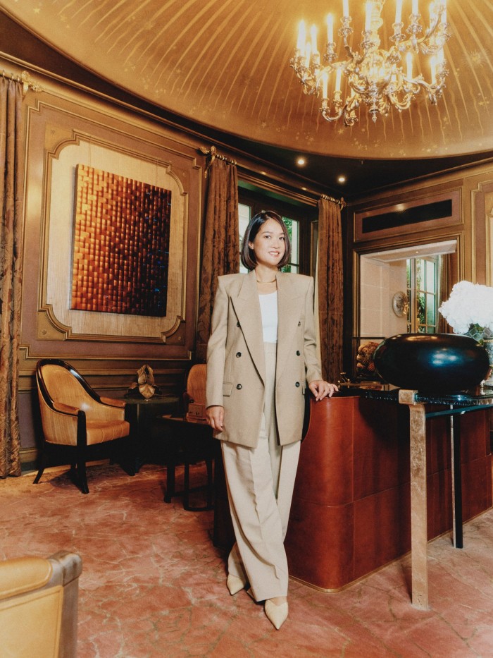 Cheng in the Tristan Auer-designed Boudoir, in the lobby of the Hôtel de Crillon