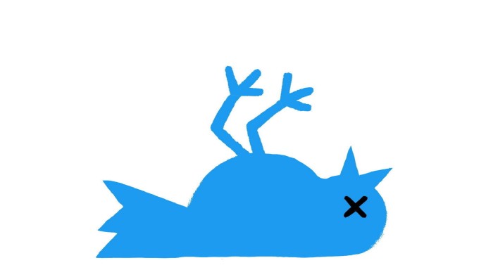 Illustration of the blue Twitter bird, dead on its back