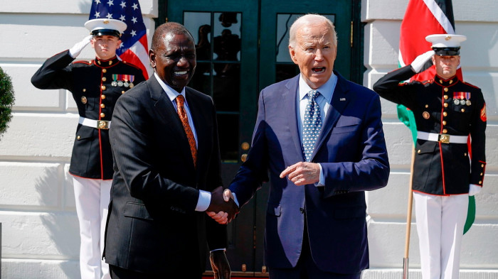 US President Joe Biden, right, welcomes Kenyan President William Ruto to the White House