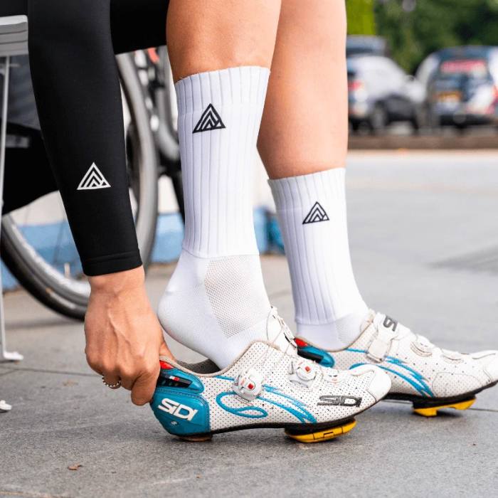 A pair of Rule28 Aero Socks worn by a cyclist