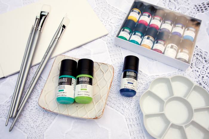 Acrylic gouache paints, brushes and paper from Cass Art in Hampstead