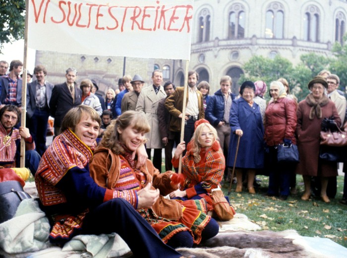 Protesters against a hydroelectric power plant in the far north of Norway demonstrate outside the Norwegian parliament in 1979