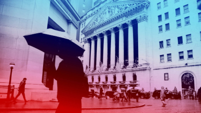 A montage of a woman carrying an umbrella walking in front of the New York Stock Exchange  