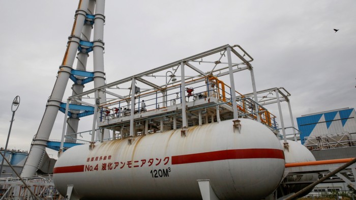 an ammonia tank in the foreground at JERA’s Hekinan thermal power station in Hekinan, central Japan