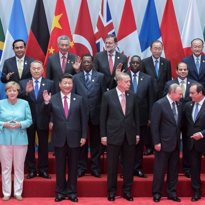 China's president Xi Jinping with other world leaders at the G20 summit in Hangzhou in 2016. Mr Xi was said to be irked that some guests sought meetings with Jack Ma during the event