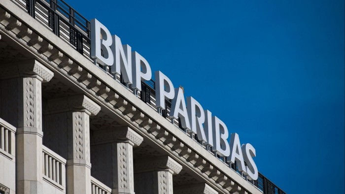 A logo above the headquarters of BNP Paribas in Paris, France