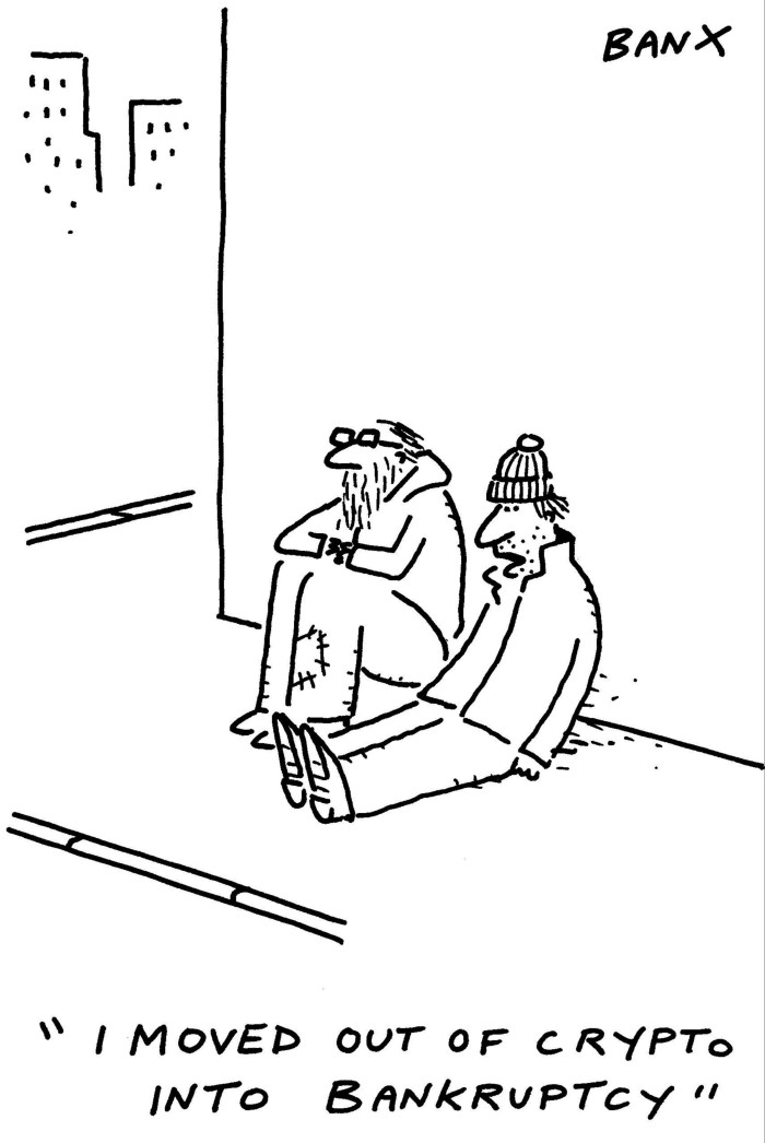 Cartoon of two homeless men leaning on a wall by a sidewalk