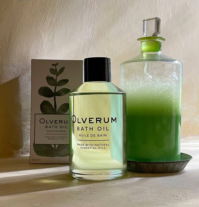 Olverum bath oil and a decanter of Wiberg’s pine bath essence