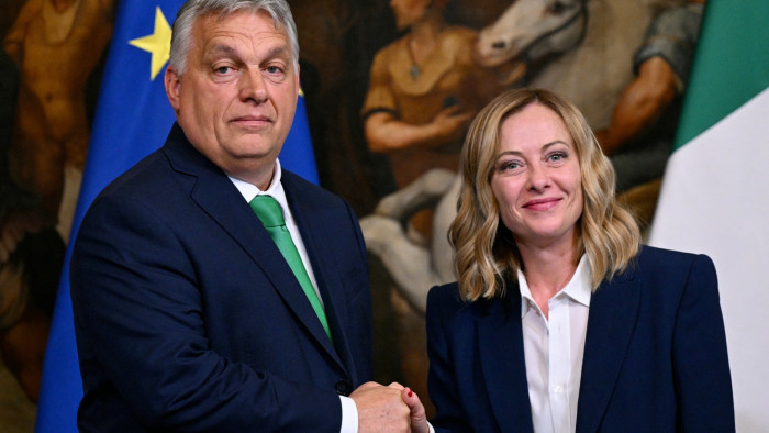 Italy’s Giorgia Meloni (right) and Hungary’s Viktor Orbán