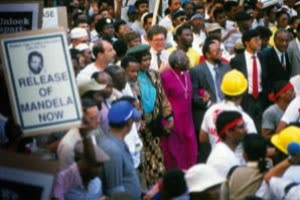 Tutu, hand in hand with Winnie Mandela, on a 1990 protest march 