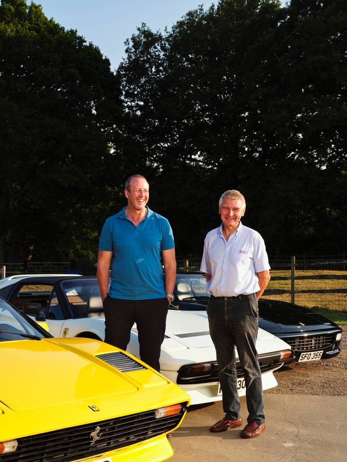 James Anderson (left) and Jonathan Rose with (from left) a Ferrari 308 Koenig-Specials, Ferrari 308 GTSi QV and Ferrari 355.