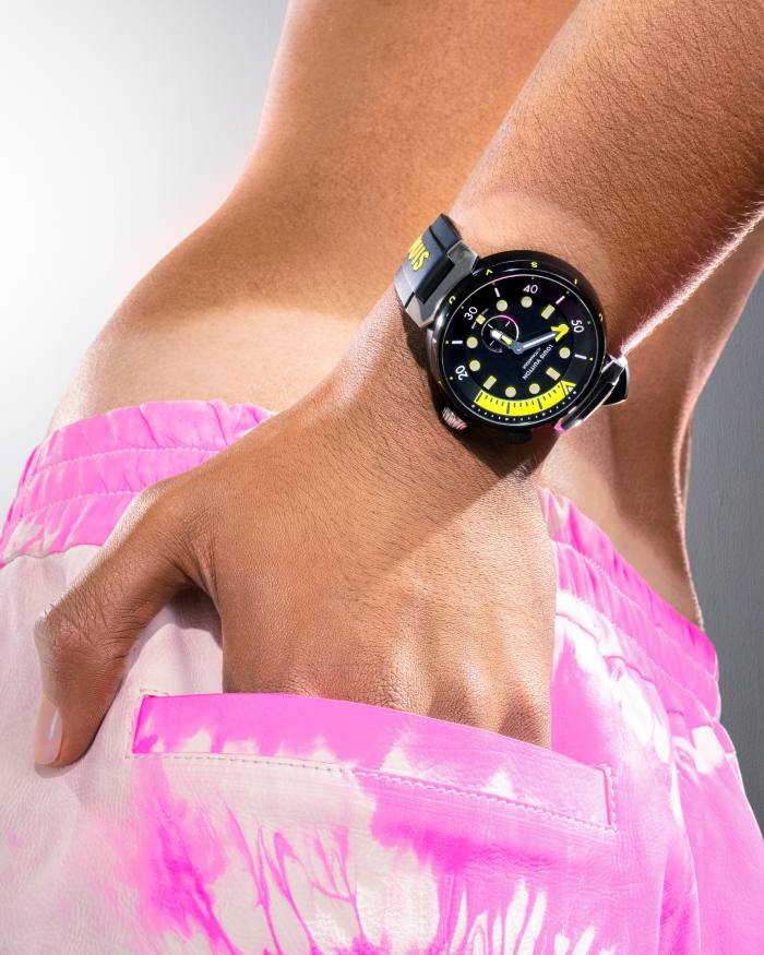 Louis Vuitton stainless-steel Tambour Street Diver, £5,540, and leather tie-dye shorts, £3,450