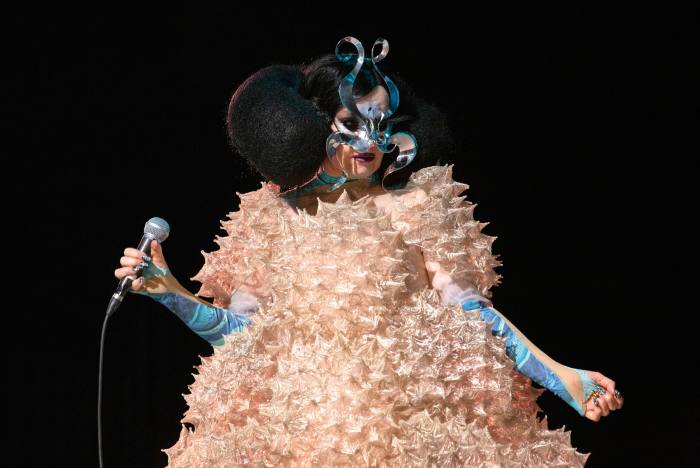 Björk performing in a James Merry mask in California, February 2022
