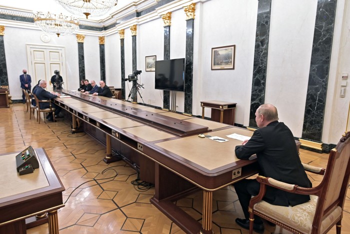 Vladimir Putin chairs a meeting with his economic confidants at the Kremlin four days after Russian’s invasion of Ukraine, where he asked them how to mitigate western sanctions