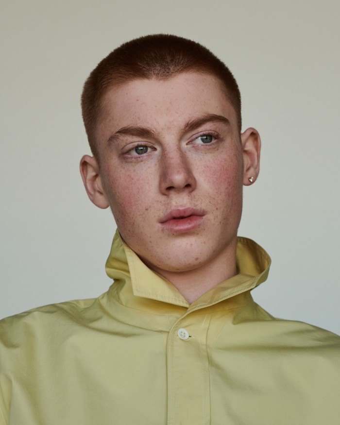 Joe wears Margaret Howell cotton-poplin shirt, £365. Earring, model’s own