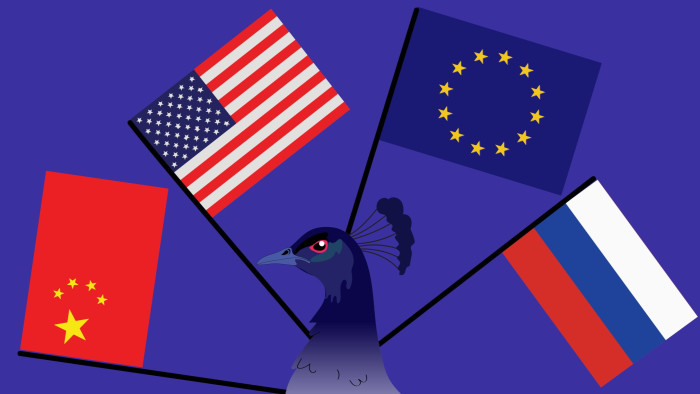 Efi Chalikopoulou illustration of a peacock with the flags of China, the US, the EU and Russia as if they were its tail feathers. 