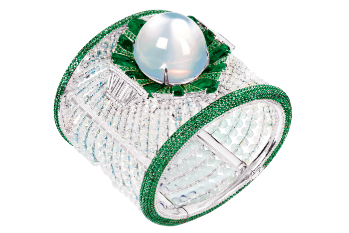 Boghossian sugarloaf moonstone, emerald and diamond bangle, POA