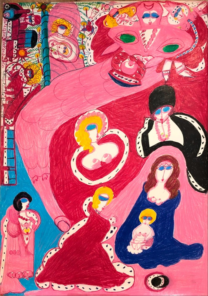 In a drawing, multiple female figures wearing blue, pink and black capes, some with their breasts exposed, float in a domestic composition overlooked by a huge pink dragon