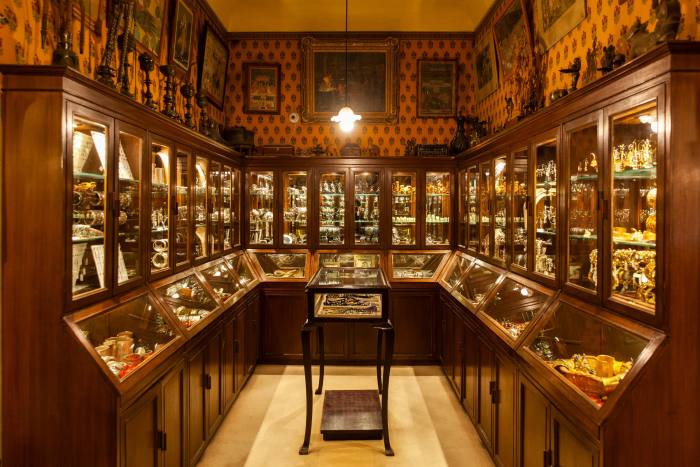 Wooden cabinets of jewellery in the showroom