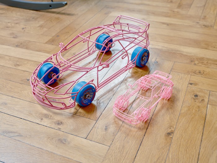 Wire-frame cars by Benedict Radcliffe, modelled after Ikuzawa’s own Toyota Celica