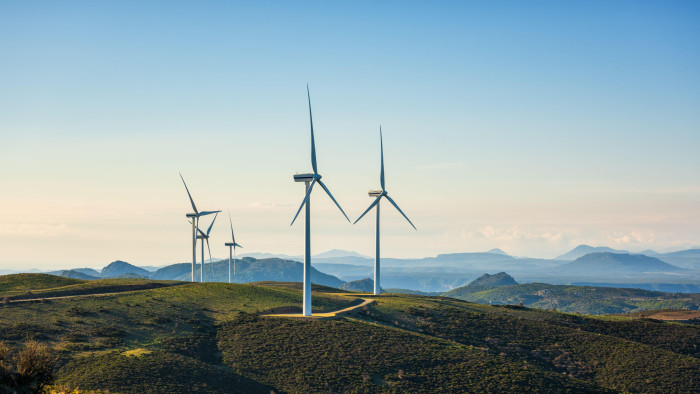 Wind turbines on a beautiful blue sky in a mountain wind farm in Sardinia