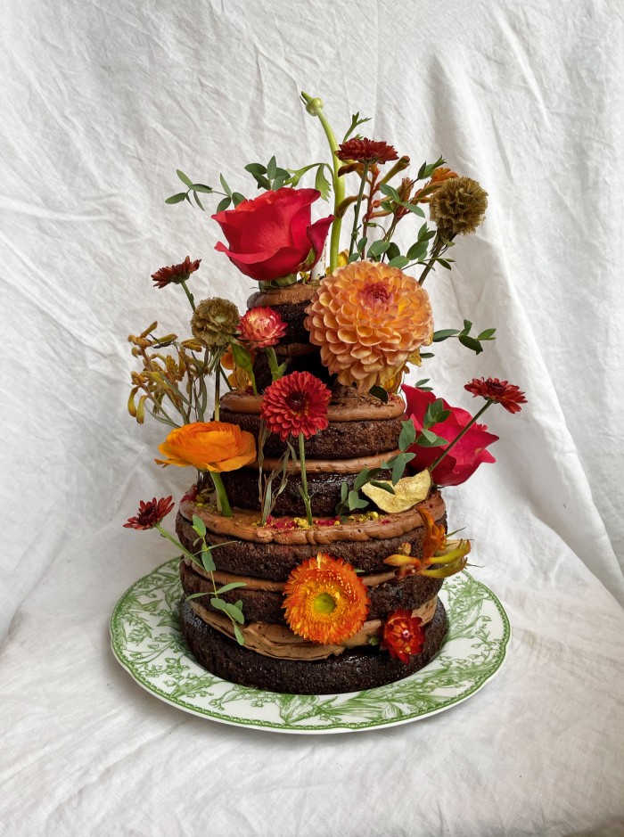 From Lucie chocolate cake with vegan hisbiscus buttercream and locally foraged flowers