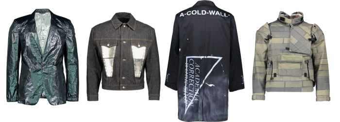 From left: Calvin Klein Collection Mylar blazer, 2010. Junior Gaultier denim jacket with metal panels, around 1990. A Cold Wall* Academia Correction Workshop coat, 2017. Bernhard Willhelm body armour vest, 2004