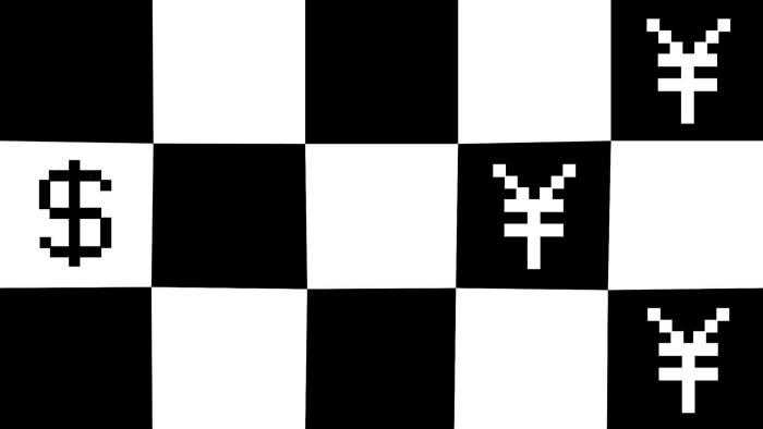 Ben Hickey illustration  of a digital dollar on a white square of a checkered black & white background and three yens on black squares