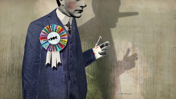 Jonathan McHugh illustration of a politician with an election rosette on his suit jacket with colours from various political parties - pulling an ace from his sleeve. 