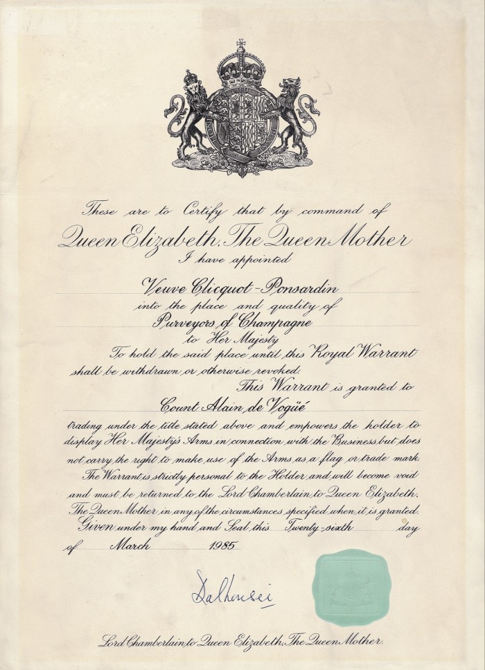 Veuve Clicquot’s royal warrant for the Queen Mother