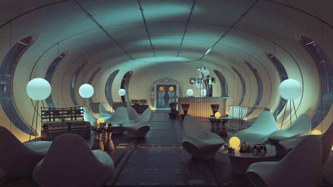 Space age-style interior with a bar