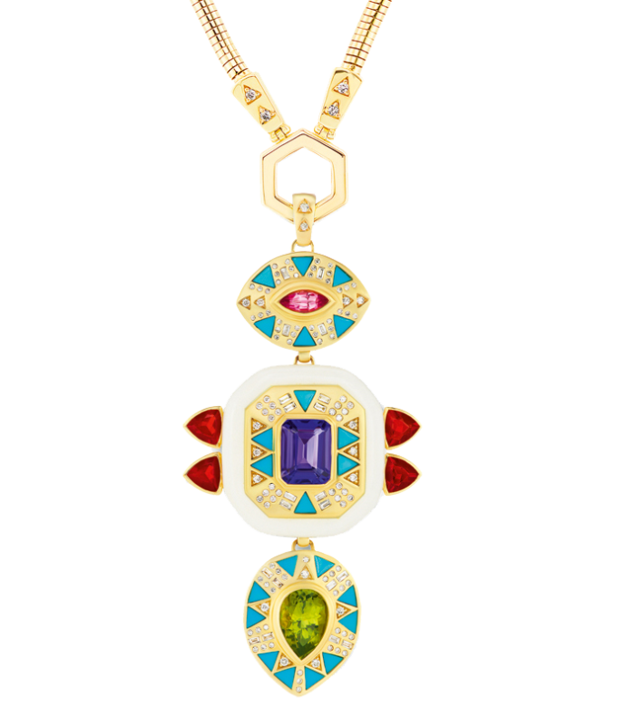 Harwell Godfrey gold, diamond, spinel, turquoise, tanzanite, opal, onyx and peridot Totem pendant, $17,550