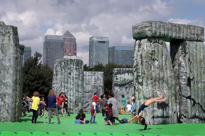 Jeremy Deller’s Sacrilege – an inflatable version of Stonehenge installed here on the Greenwich Peninsula, as part of a tour of London in 2012