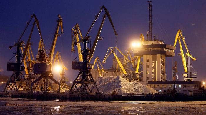Cranes line the dock at the port of Mariupol in eastern Ukraine