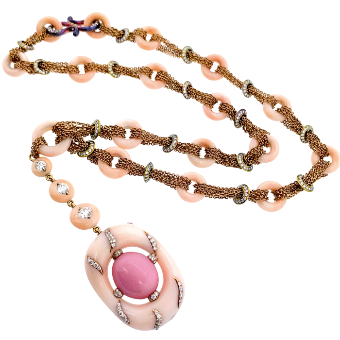 Wallace Chan 18ct-gold, diamond, pink hardstone and conch pearl necklace, POA