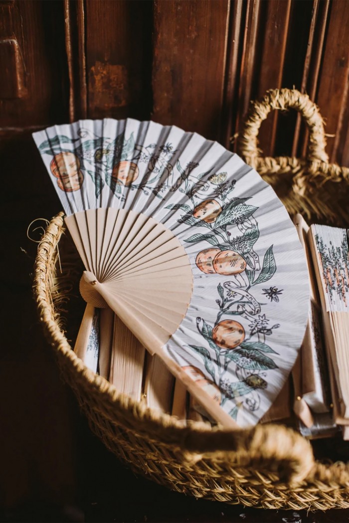 Bespoke fan illustrated with orange blossoms by Fee Greening