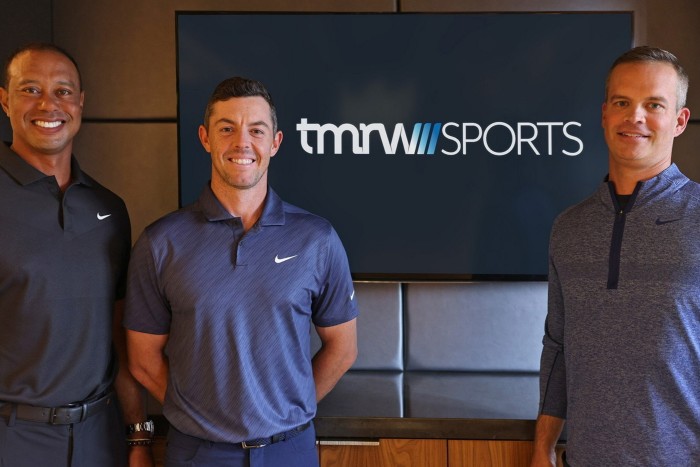 TMRW Sports co-founder Tiger Woods, co-founder Rory McIlroy and co-founder and CEO Mike McCarley