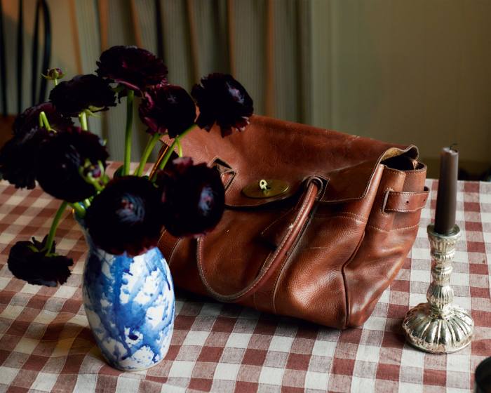 Her c2004 Mulberry Bayswater bag, on top of a tablecloth by Cutter Brooks