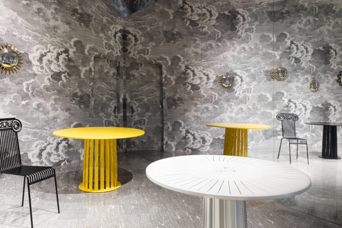 Fornasetti’s garden furniture – The Garden of Possible Natures Capitellum chair and Ara Solis tables