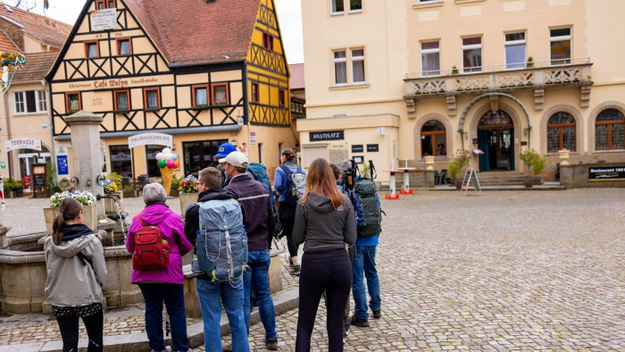 Tourists in the centre of Stadt Wehlen in Saxon Switzerland, Germany