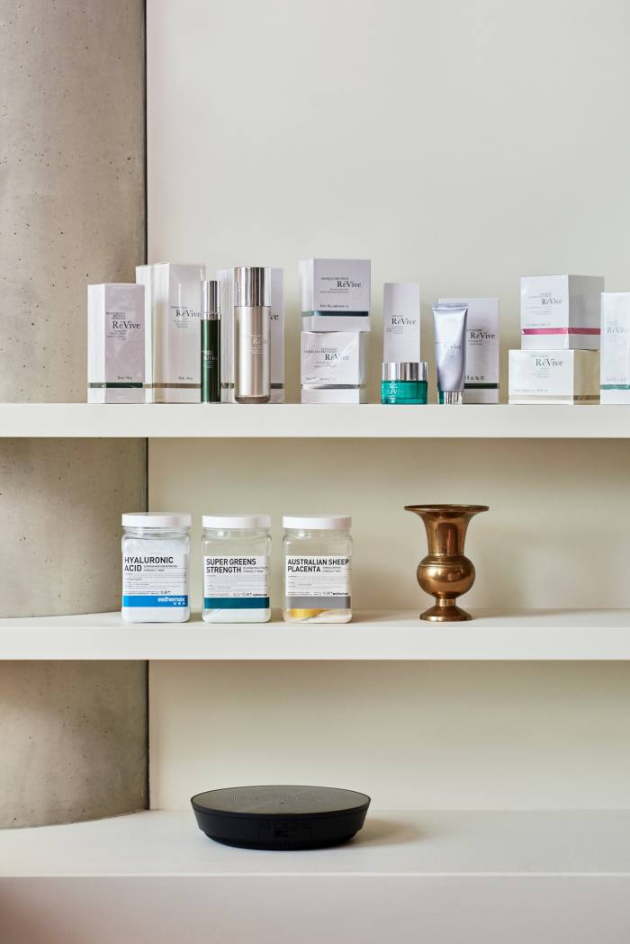Products on the shelves in Crown’s clinic