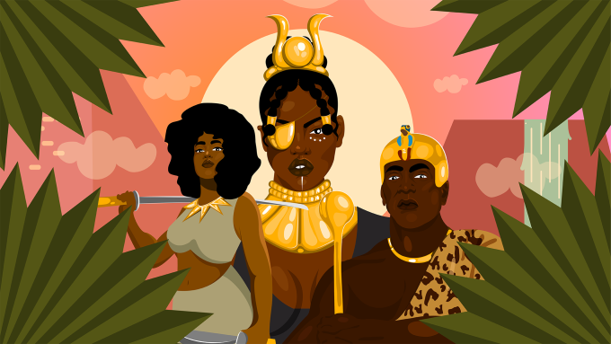 An illustration of three heroic-looking African characters