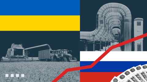 Montage of farming and Ukrainian and Russian flags