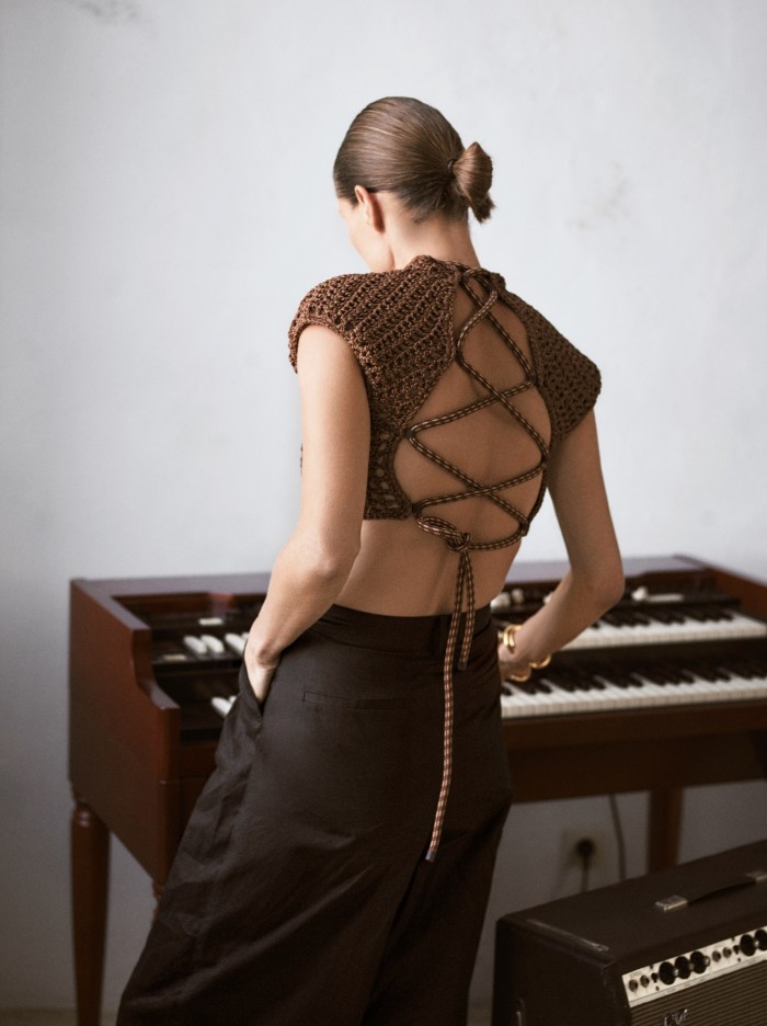 Hermès hand-crocheted technical silk knit top with cord lacing, £3,250. Partow crinkle cotton/linen trousers, £1,100