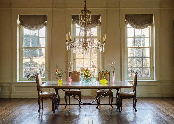 The ballroom in Petersham House. The table is dressed with scavo vases and flowers from the garden